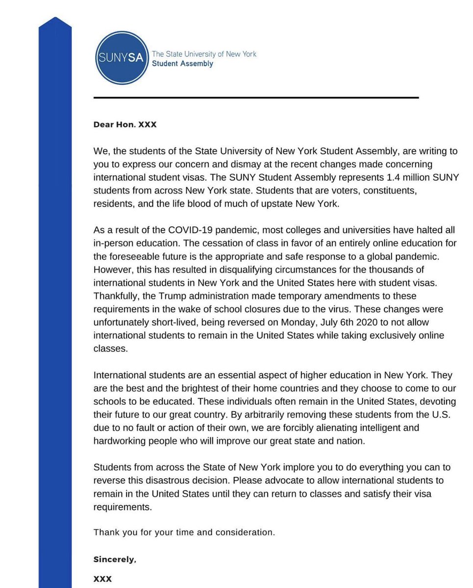 sunysa's tweet photo. We encourage you all to use this template to send to your members of congress requesting international students be allowed to stay in New York through the academic year. International students are an essential part to the SUNY system and New York as a whole. https://t.co/S3eTRO0lfZ