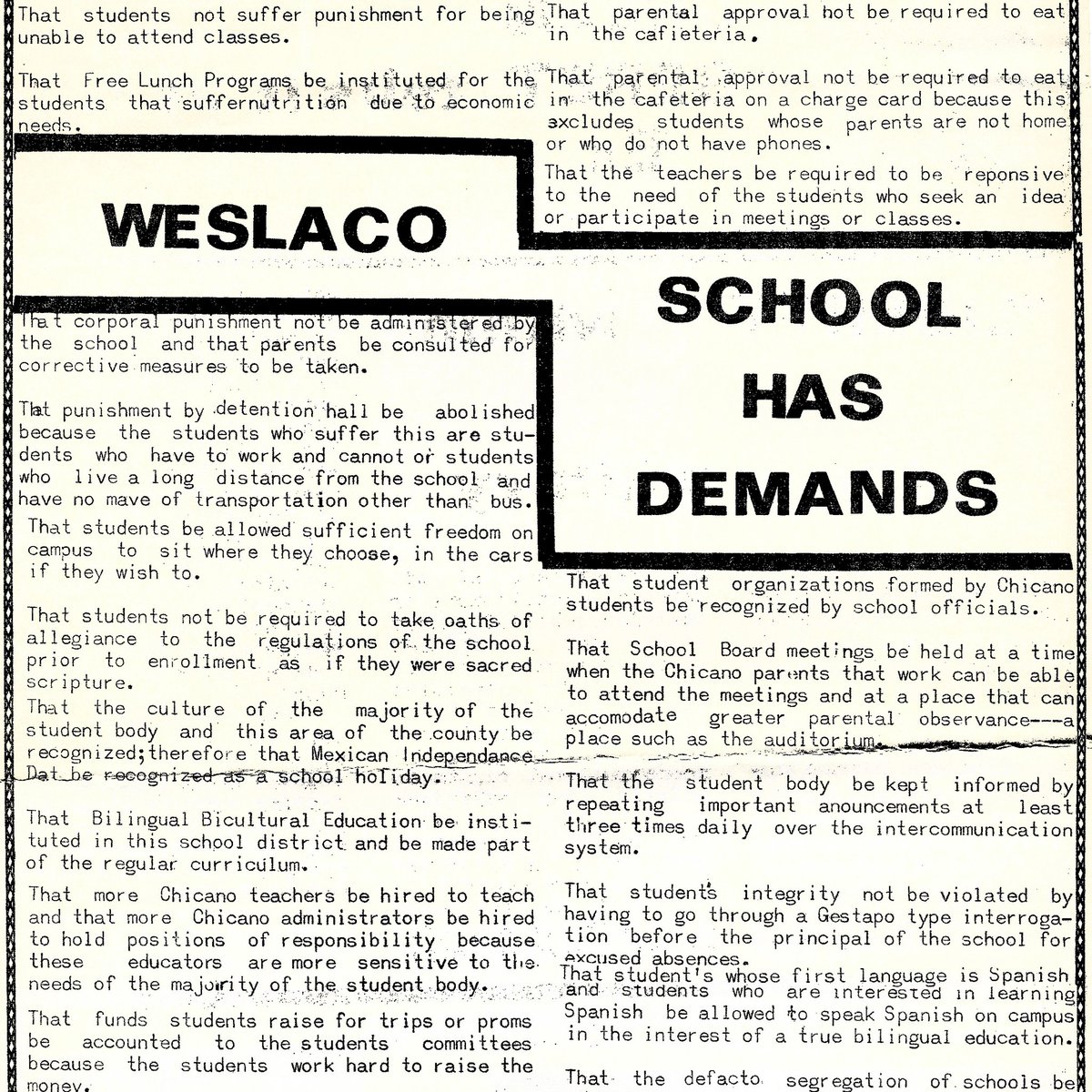 rgvhistory's tweet photo. Between 1967 and 1970, MAYO was involved in 39 walkouts throughout the state with most of its efforts in South Texas, including Edcouch-Elsa, San Juan, Kingsville, Weslaco and Crystal City.

https://t.co/LLb0uqHb3D

#rgv #11khistory #MAYO #chicana #chicano #schoolwalkouts https://t.co/cKBzhP3fGy