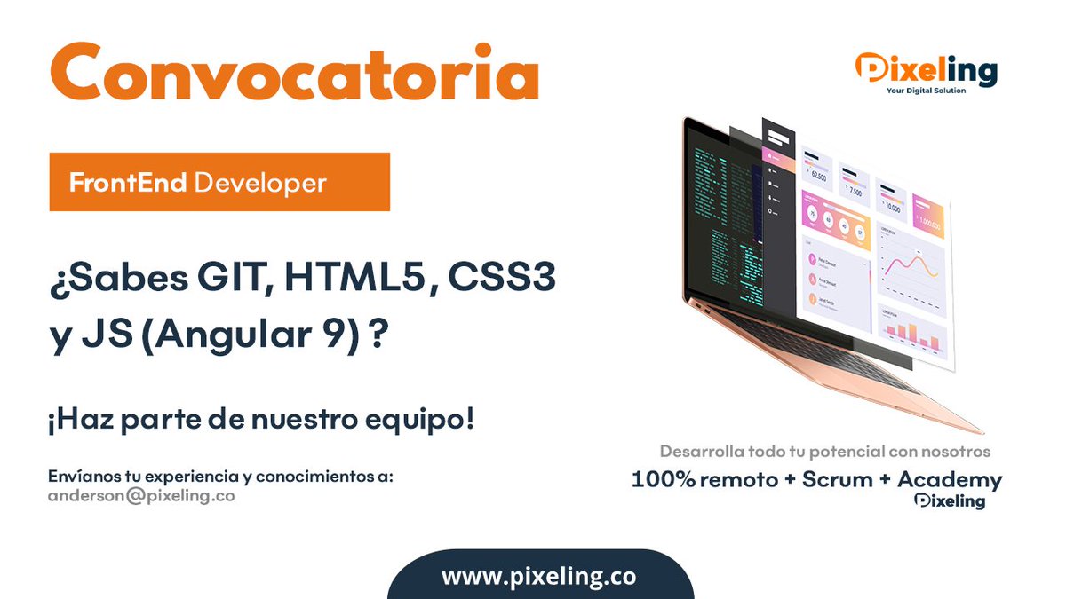 pixeling_co's tweet photo. ¿Eres o conoces un #desarrollador #FrontEnd? Nos encantaría conocer tu experiencia y habilidades, para hacerte una #ofertalaboral interesante. Comparte tu #CV a jobs@pixeling.co: https://t.co/dM39XrNLic