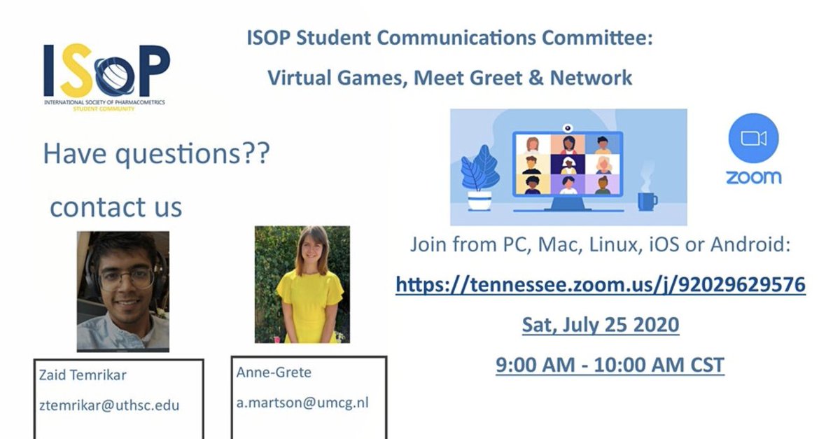 ISoP Student Community Social Event: Virtual Networking Meet and Greet via Zoom Breakout Rooms (July 25, 2020, from 8 AM to 9 AM EST). Register through the link: eventbrite.com/e/isop-student… 

#ISoP #ISoPStudentCommunity 
<a href="/YaFengWen/">Ya-Feng Wen</a> @JaberTaz <a href="/zaid_temrikar/">Zaid Temrikar</a> @anne8rete