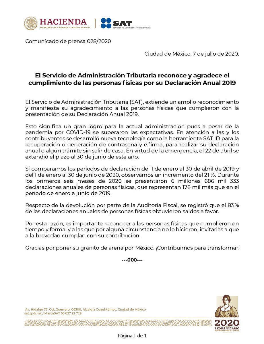 SATMX's tweet image. #ComunicadoSAT

El Servicio de Administración Tributaria reconoce y agradece el cumplimiento de las personas físicas por su Declaración Anual 2019.