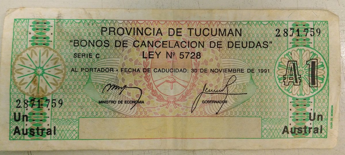 Numismatica1's tweet photo. Antiguo Bono de cancelación de deudas emitido en la provincia de Tucumán (Argentina) en el año 1987.
#Billete #Notebank #Tucuman https://t.co/cltx4tiRko