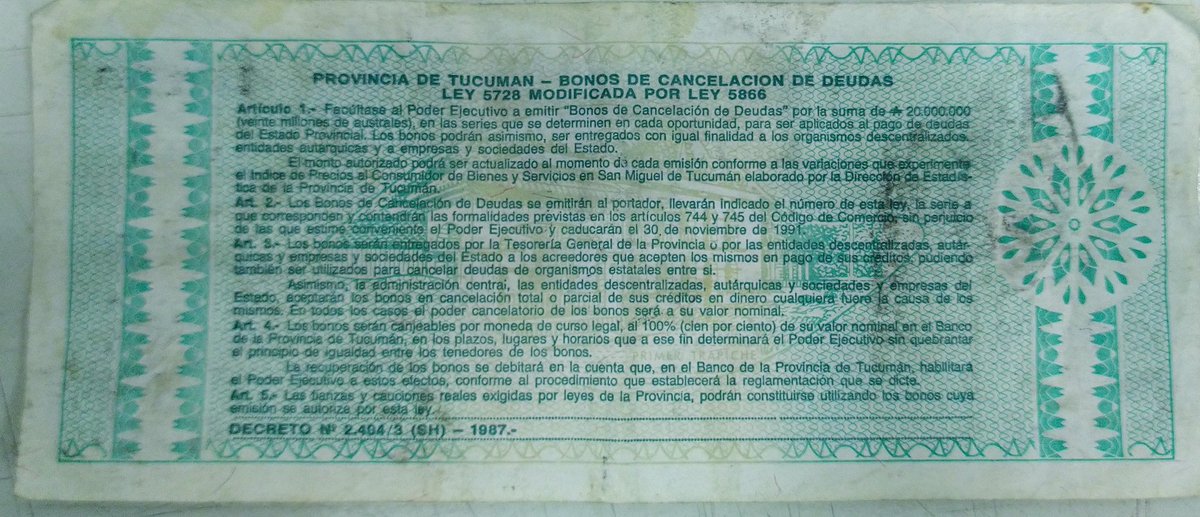 Numismatica1's tweet photo. Antiguo Bono de cancelación de deudas emitido en la provincia de Tucumán (Argentina) en el año 1987.
#Billete #Notebank #Tucuman https://t.co/cltx4tiRko