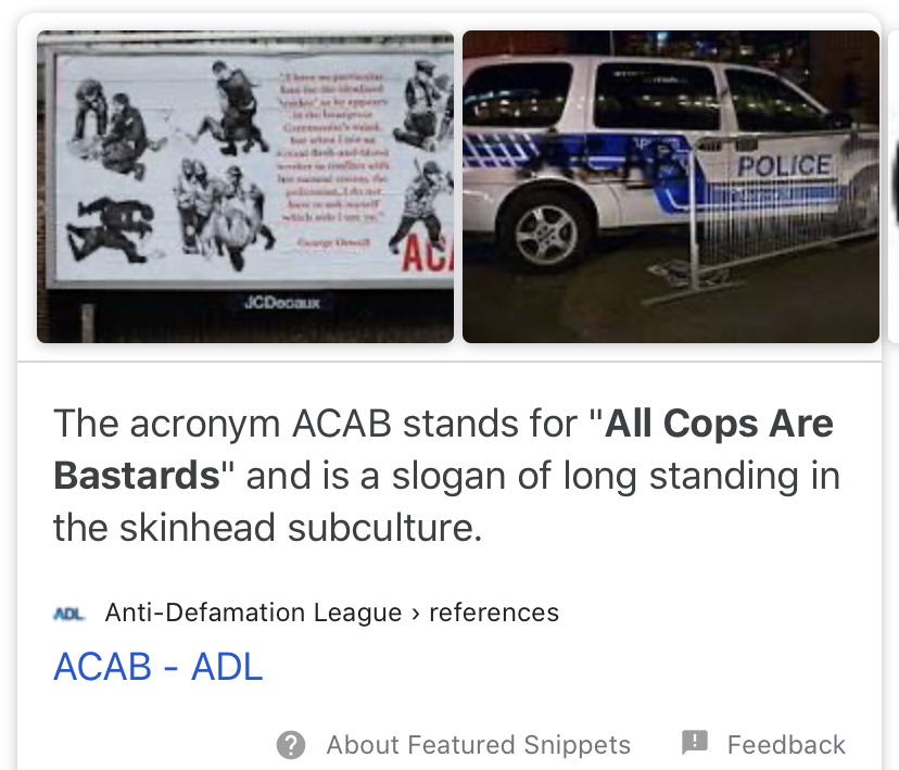 AngelaBoxShow's tweet photo. The human scum terrorists of #BlackLivesMatter and #antifa have been using the acronym ACAB in their sick graffiti, so I looked up what it meant.
#ACAB (All Cops Are Bastards) is prominent in “skinhead culture”?!?!
#SureJan.
#propaganda #filthyleftists #DefendThePolice https://t.co/31whsJfxHH