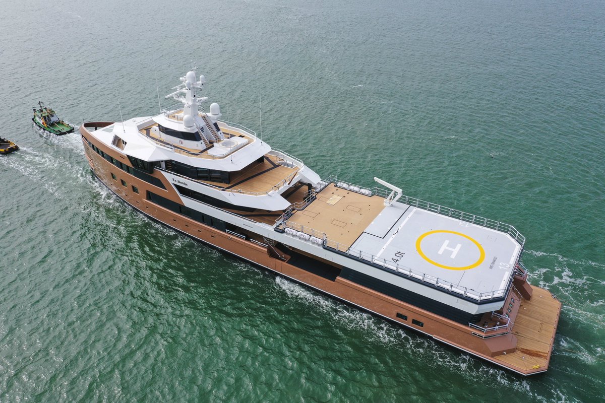 Dutchyachting's tweet photo. The #SeaXplorer #LaDatcha was launched by #DamenYachting in #Vlissingen last Friday.  The 76.9m/ 252'4" #explorer #yacht is seeing here together with the 62m/ 203'5" #SeaXplorer #Anawa which was launched at the end of last year. Photo by Scott Hampton. https://t.co/1zAKC6ausK