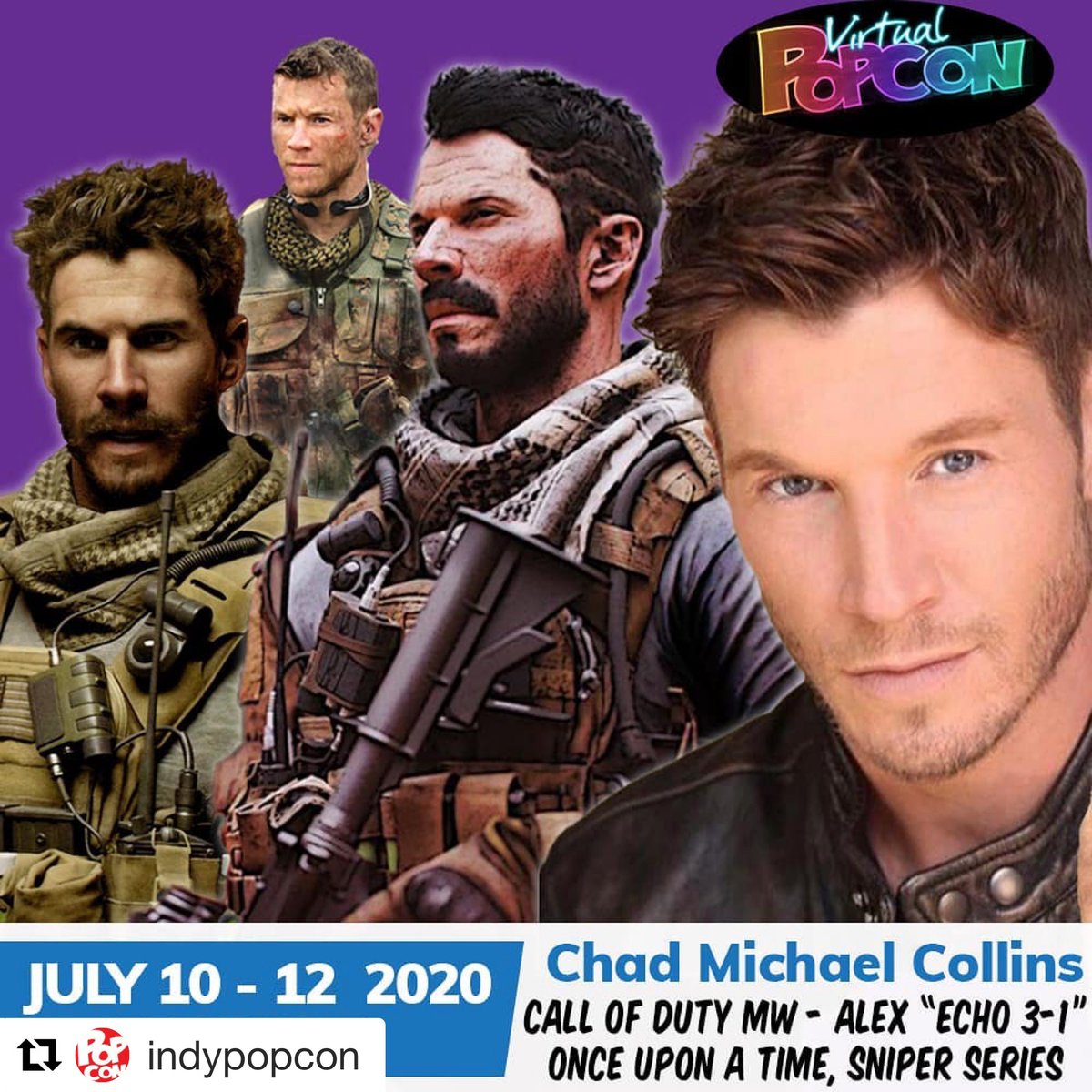 CollinsChadM's tweet photo. Come join Echo 3-1 at @IndyPopCon this Sunday!
・
See the schedule and entire guest list at https://t.co/rm1kpO0ckx!

#callofduty #callofdutymodernwarfare #callofdutymw #onceuponatime #sniperseries #sniperassassinsend #virtual #comiccon #comiccononline #popcon #Indianapolis https://t.co/4jkXa8wfii
