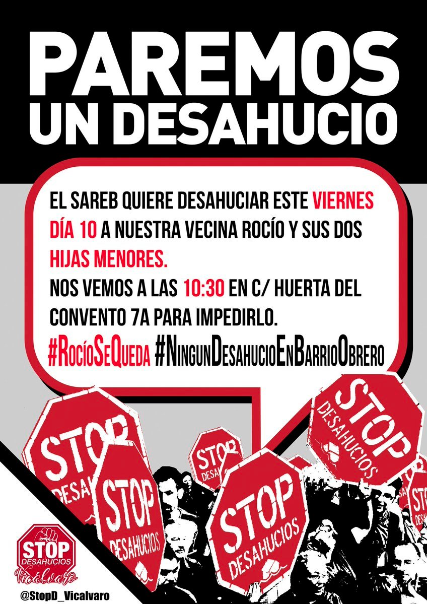 Desde <a href="/StopD_Vicalvaro/">Stop Desahucios Vicálvaro</a> alertan de que, este viernes, #SAREB pretende desahuciar a una vecina de Huerta del Convento
#RocíoSeQueda