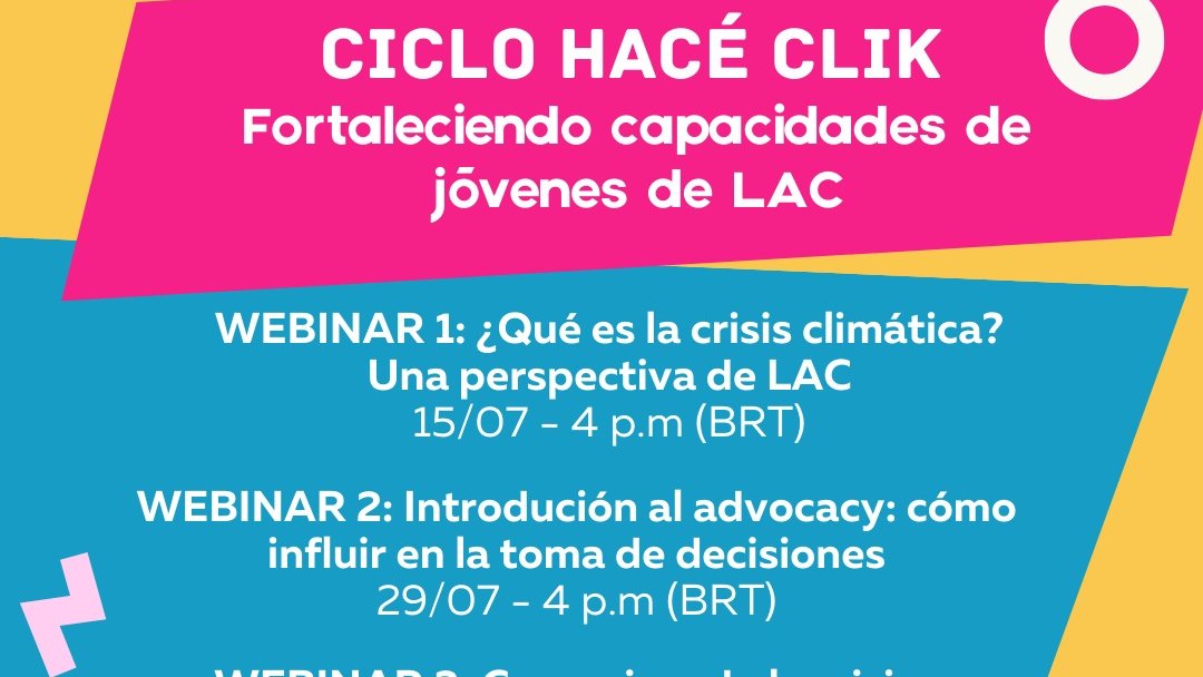 Convocatoria a jóvenes de AméricaLatina para la acción climática 

Junto a <a href="/ENGAJAMUNDO/">Engajamundo</a> organizamos un ciclo de 3 webinarios en el marco de las actividades de Click Hub coordinado por <a href="/FuturoLatinoame/">Fundación Futuro Latinoamericano</a> <a href="/CDKN_LA/">Alianza Clima y Desarrollo en América Latina</a> 

Registro 👉 bit.ly/3f5a0U3

+ info cambioclimaticoydecisiones.org/webinar-jovene…
