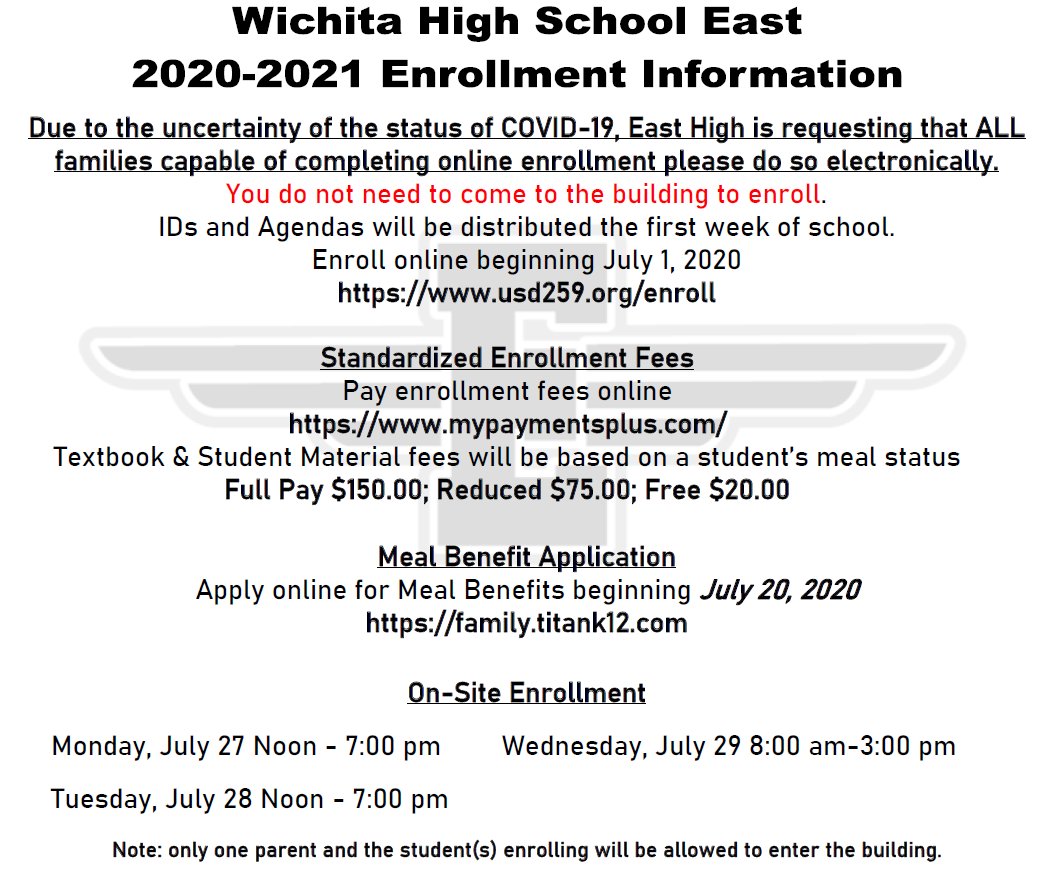 EastHighAces's tweet photo. A reminder to our families that online enrollment is going on now. Due to COVID-19, East High is requesting that ALL families capable of completing online enrollment please do so electronically from home.  Go to the enrollment website at https://t.co/w851pwLUJh to get started! https://t.co/Lk8Bc9MSdV