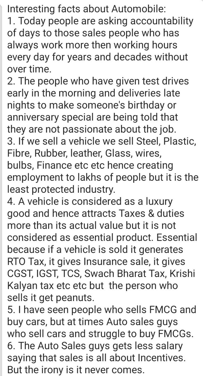 arunmehlawat's tweet photo. Emotions sentiments of a automobile sales guy, very rightly put by Nadeem Ansari. Wish the empathy was there from those who can contribute 😔 @sudhirchaudhary @ZeeNews @ZeeNewsEnglish @nsitharaman @TOIIndiaNews @HRDMinistry #MadeInIndia #automobile #autoindustry https://t.co/0WcJTXQiGA
