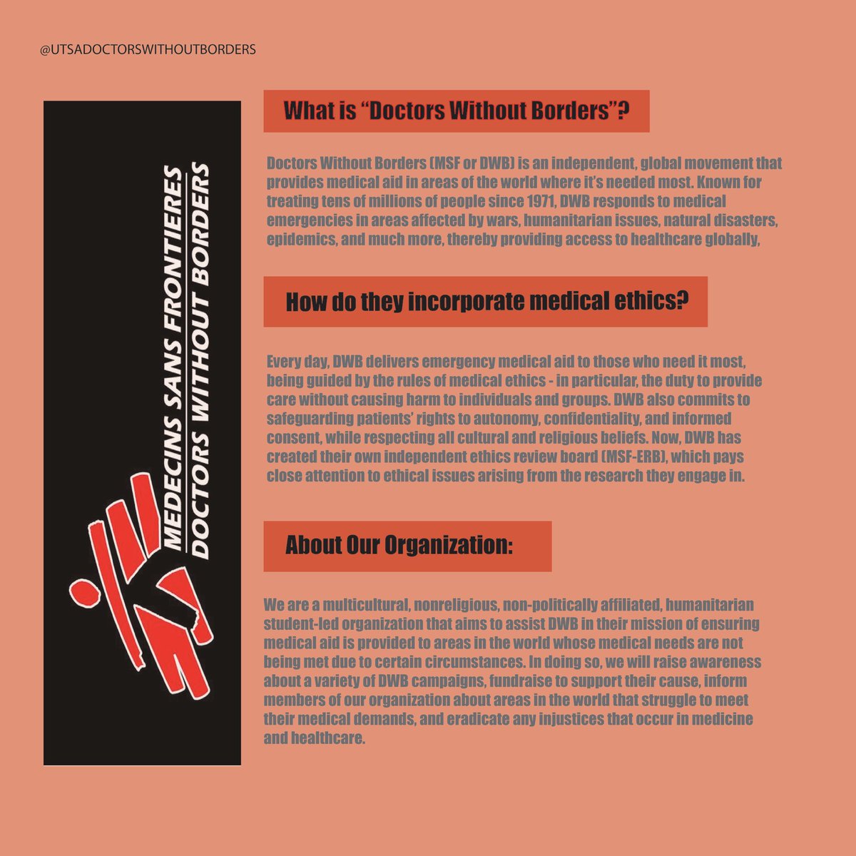 UTSA_MSF's tweet photo. Hey guys! In Fall 2020, we will continue Doctors Without Borders/Medecins Sans Frontieres. As a student-led organization, we aim to raise awareness about current global humanitarian issues, support MSF, and encourage students that plan on pursuing healthcare or humanitarianism! https://t.co/vxxZvbPEHu
