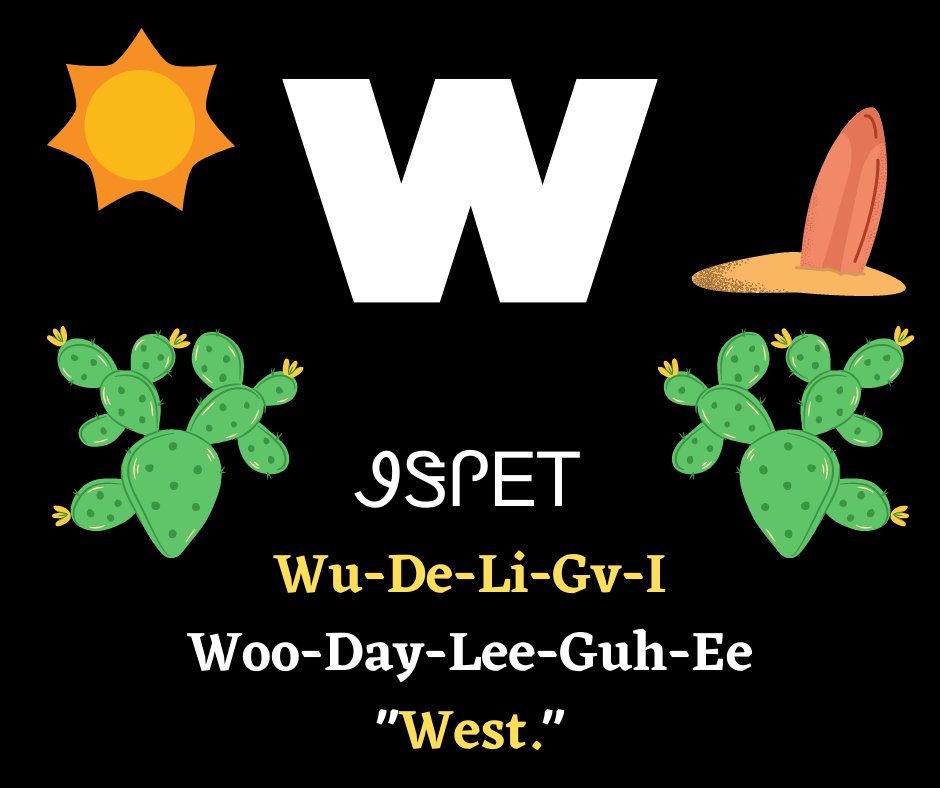 NSUNASC's tweet image. Cherokee Word of the Day:
ᏭᏕᎵᎬᎢ
Wudeligvi 
Woo-Day-Lee-Guh-Ee
"West."