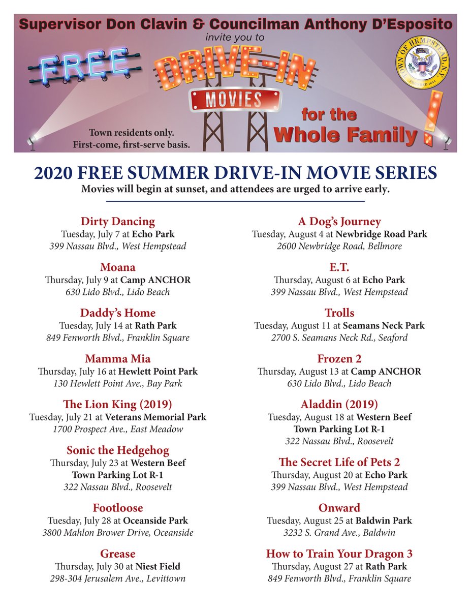 ANTHONYDESPO's tweet photo. "Nobody puts baby in the corner."

#DirtyDancing will kickoff our free #DriveInMovies this evening at Echo Park!

Join @TOHClavin &amp; our colleagues at your favorite movie this summer here @HempsteadTown.  

Keep an eye out for additional locations/dates/films! https://t.co/oBO3Dm0n0y
