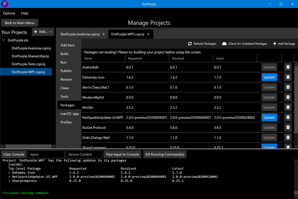 DotPurpleApp's tweet photo. We just released DotPurple v1.2, which lets DotPurple Pro users manage their NuGet package references (including adding, updating, and searching!) for their .NET projects cross-platform. Available at: https://t.co/XKfimeY0z2

#dotnet #dotnetcore #dotpurple #nuget #microsoft https://t.co/zFCNQcMaLV