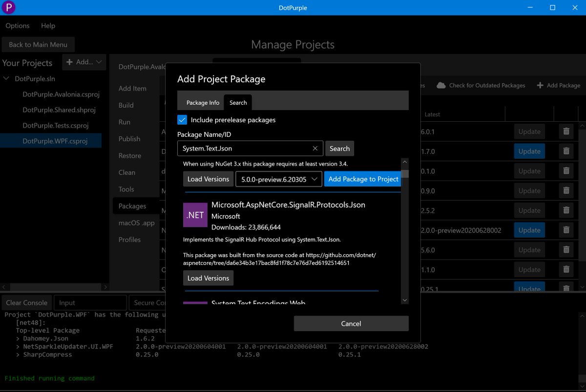 DotPurpleApp's tweet photo. We just released DotPurple v1.2, which lets DotPurple Pro users manage their NuGet package references (including adding, updating, and searching!) for their .NET projects cross-platform. Available at: https://t.co/XKfimeY0z2

#dotnet #dotnetcore #dotpurple #nuget #microsoft https://t.co/zFCNQcMaLV