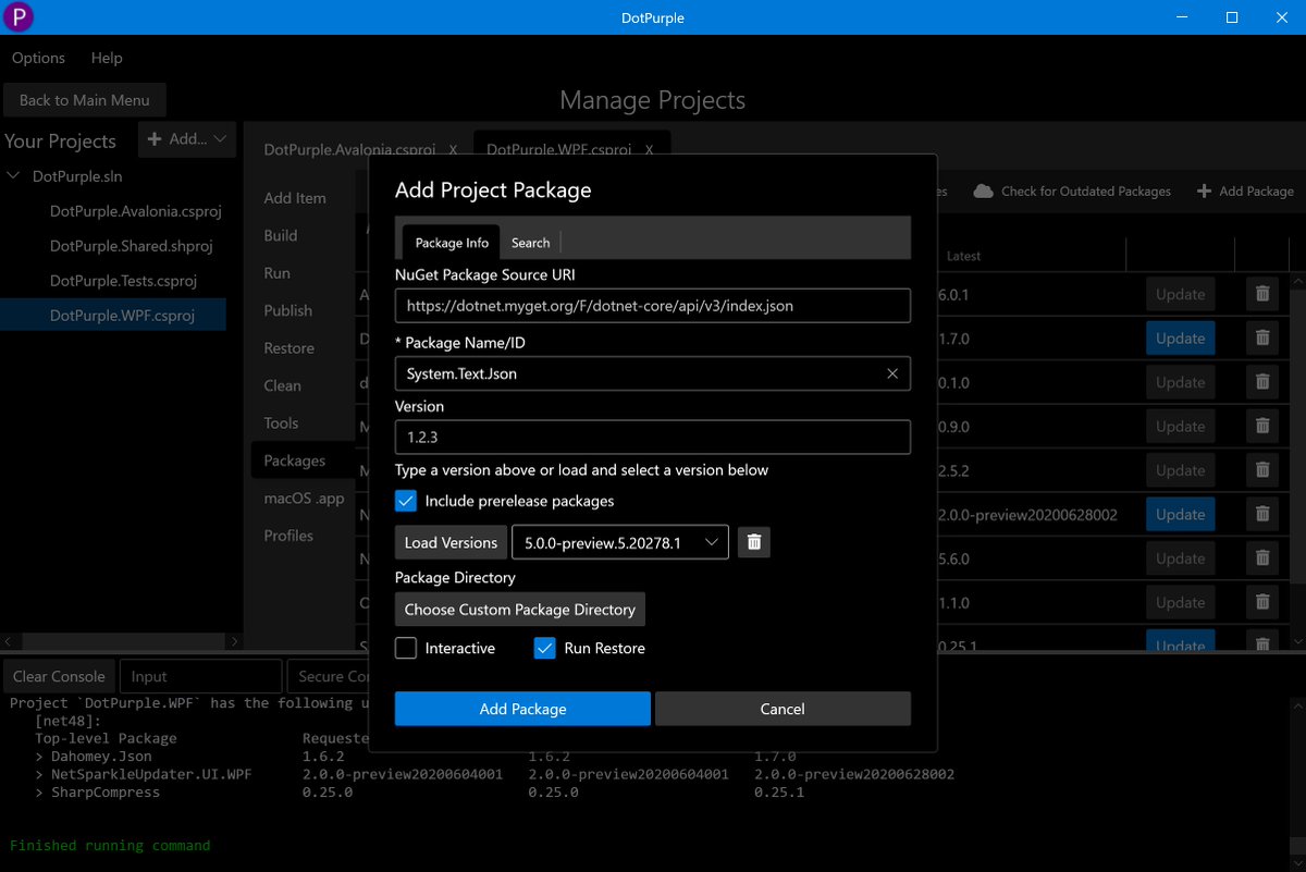 DotPurpleApp's tweet photo. We just released DotPurple v1.2, which lets DotPurple Pro users manage their NuGet package references (including adding, updating, and searching!) for their .NET projects cross-platform. Available at: https://t.co/XKfimeY0z2

#dotnet #dotnetcore #dotpurple #nuget #microsoft https://t.co/zFCNQcMaLV
