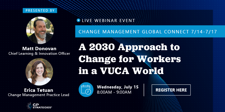 gpcorp's tweet photo. How do you create a truly fluid change strategy that enables the future of work in an increasingly VUCA environment? Find out by attending @HazmattDonovan and Erica's session next week. #ACMPConnect 2020. Register here: https://t.co/W1Y186pysV https://t.co/iWKrCMHw31