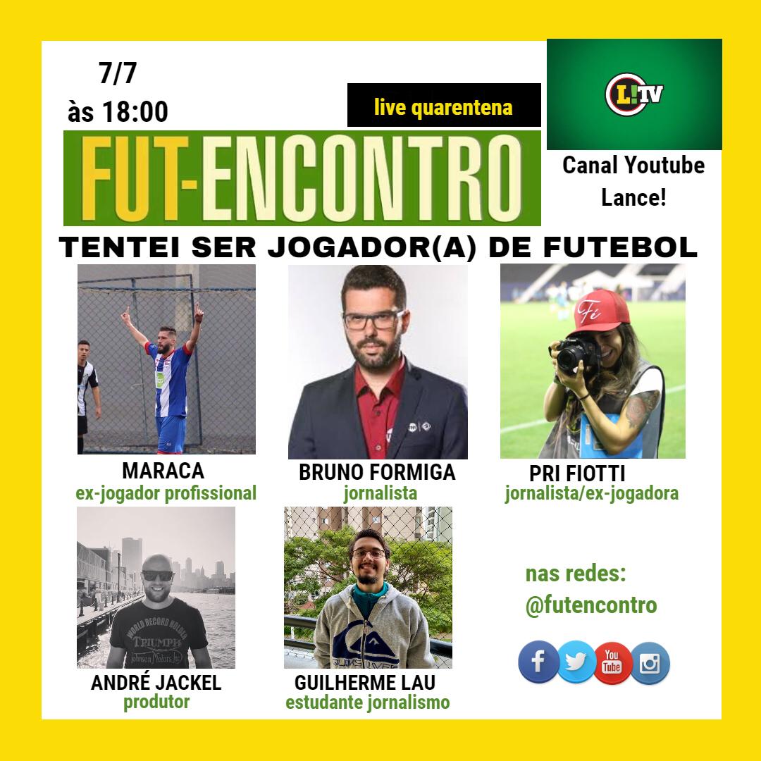 futencontro's tweet photo. Tá chegando a hora da nossa live, no YT do @lancenet! Em campo, um timaço com @brunoformiga, @Pri_Fiotti, Tiago Maraca, André Jackel e Guilherme Lau. 18h, no link: https://t.co/KRSn385Dky

#falardefuteboléarte
#futebol
#jogador
#jogadora
#FiqueEmCasa https://t.co/JhYeaAaM2b