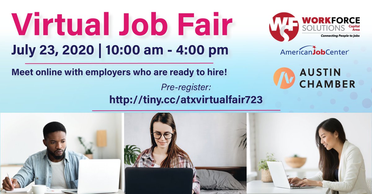 wfscapitalarea's tweet photo. Connect with hiring employers and get a job offer--virtually! π»π¬π²π―
Pre-register for our next virtual job fair on July 23 today π
https://t.co/5jD3B9BPlX
#workinginaustin #newjob2020 #jobfair #texasjobs #workintexas https://t.co/Swb5btiaTc