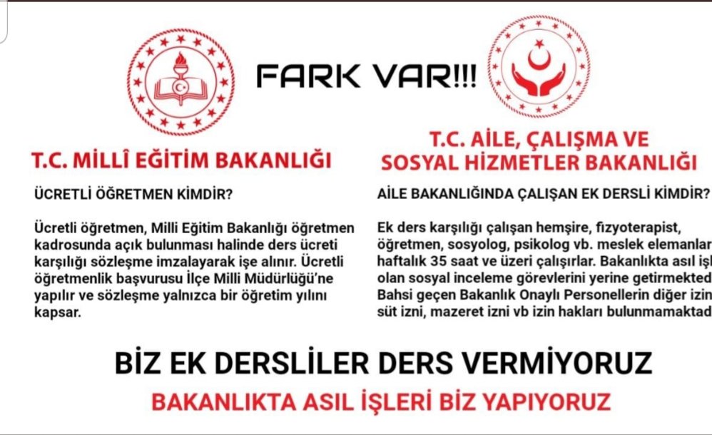 <a href="/ZehraZumrutS/">Zehra Zümrüt Selçuk</a> <a href="/MustafaSentop/">Mustafa Şentop</a> <a href="/TBMMresmi/">TBMM</a> <a href="/RTErdogan/">Recep Tayyip Erdoğan</a> YILLARDIR bizleri Bir dünya duydu ama bakanlığımız  duymadı Türkiye'nin en mağdur çalışanları olan aile bakanlığındaki #EkDersli personellerin mağduriyetini görün lütfen. sesimizi duyun artık sadece özlük haklarımızı istyoruz.Tam zamanlı çalışıp asgarî ücretin altndayz