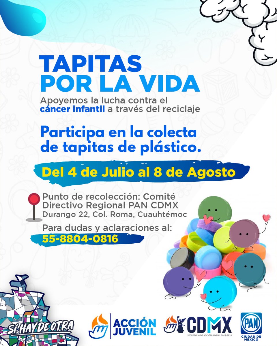 Te invitamos a participar en la colecta #TapitasPorLaVida con la que apoyaremos la lucha contra el cáncer infantil a través del reciclaje. 

¡Participa y comunícate al 📲 55 8804 0816 para más informes! 

#HacemosLaDiferencia✌🏽