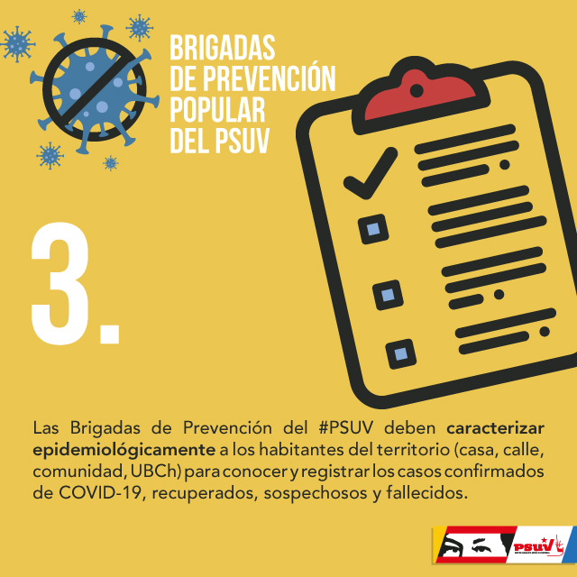 PartidoPSUV's tweet photo. Las Brigadas de Prevención Popular del #PSUV deben caracterizar epidemiológicamente a los habitantes del territorio (casa, calle, comunidad, UBCh) para conocer y registrar la cantidad y ubicación de los casos confirmados de COVID-19 recuperados, sospechosos y fallecidos. https://t.co/hDod4DqvgM