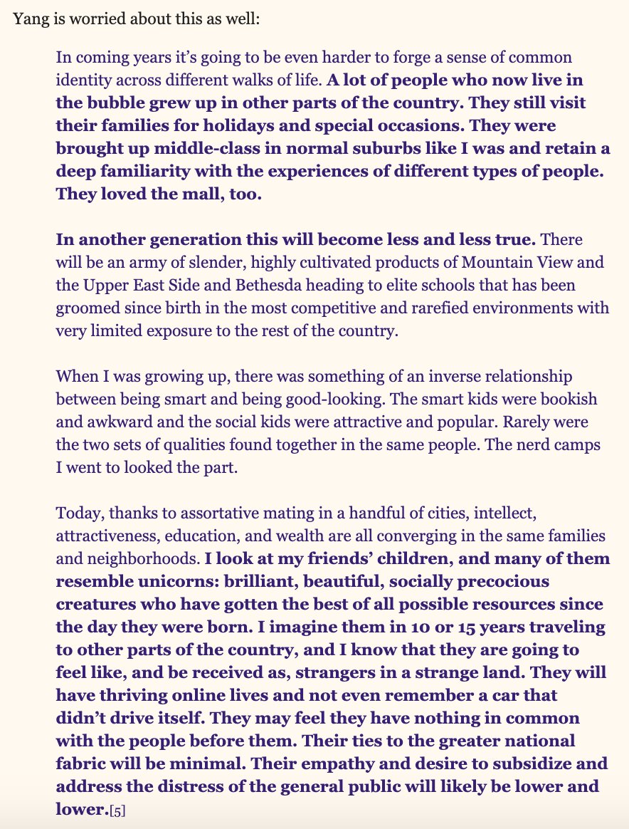 makes me think of this passage from Andrew Yang's book (quoted here:  https://scholars-stage.blogspot.com/2019/12/the-problem-isnt-merit-its-ocracy.html)"Their ties to the greater national fabric will be minimal. Their empathy and desire to subsidize and address the distress of the general public will likely be lower and lower."