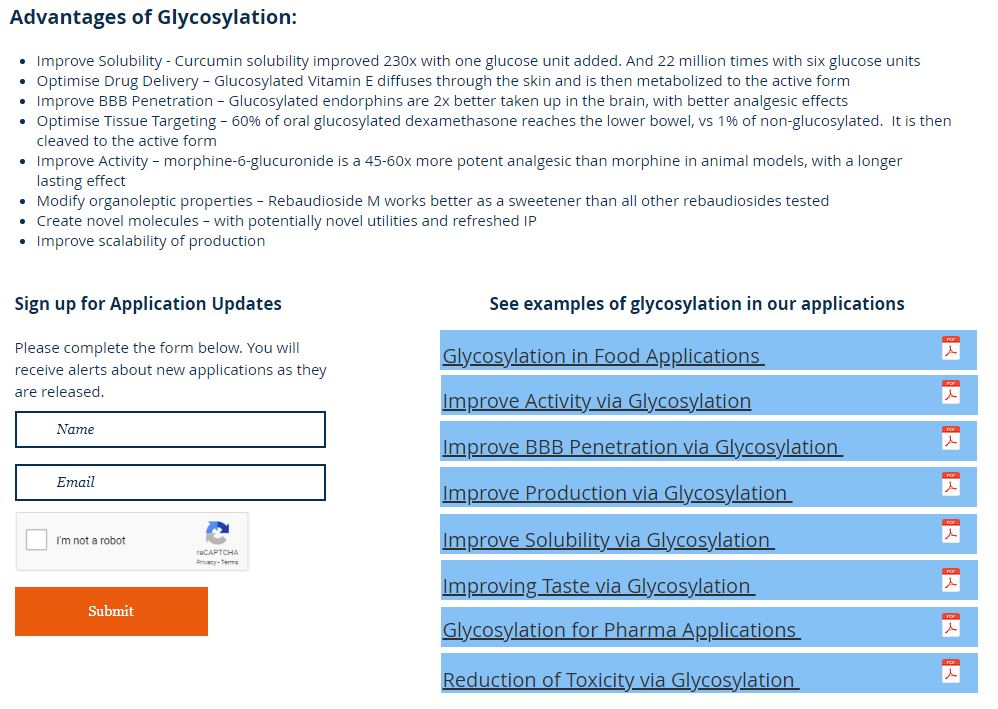 GlyKit's tweet image. Don't miss out on new applications - sign up for application alerts!  gly-it.com/applications  #foodapplications #glycosylation #BBB #ImproveTaste #ImproveSolubility #ReduceToxicity #PharmApplications
