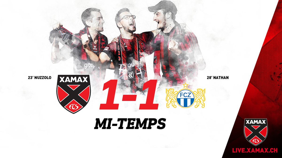 XamaxFCS's tweet photo. C'est la mi-temps à la Maladière. Les deux équipes rentrent au vestiaire sur le score nul de 1️⃣-1️⃣. Les Rouge et Noir ont ouvert le score par Nuzzolo à la 23' avant s'être rejoints 5 minutes plus tard par Nathan. #XAMFCZ 1-1* https://t.co/YF7o7OxYeC