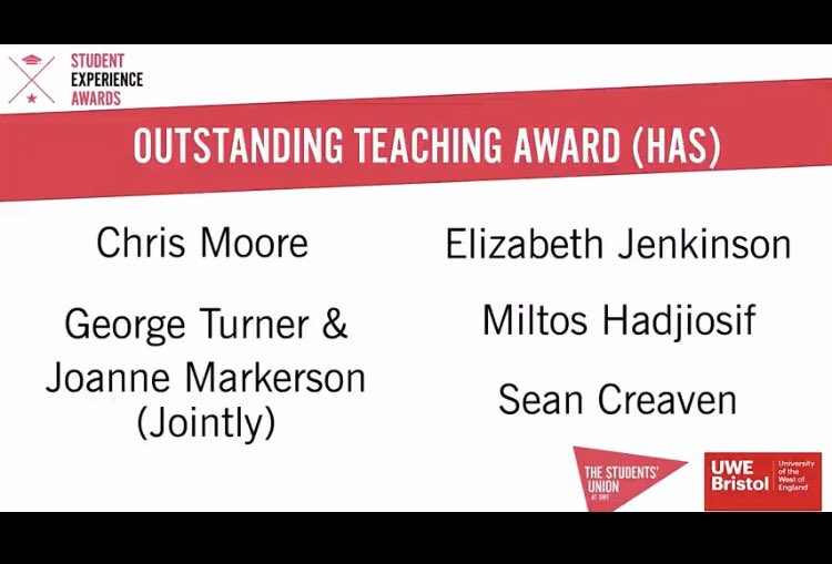 UWEHealthPsy's tweet photo. Thrilled that we were so well represented in the shortlisting for @TheSUatUWE @UWEBristol #UWEseawards Congratulations to the worthy winners and all nominees @PsychUWEBristol @griffiths_marc #teamHAS #healthpsychology https://t.co/qTJnRz7LfR