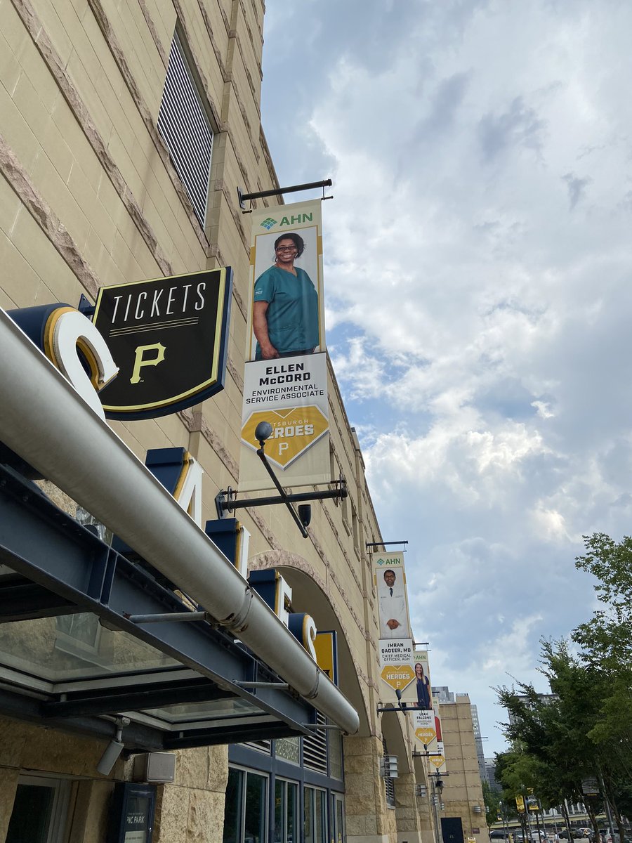 AlexJStumpf's tweet photo. Classy move by Pirates: Instead of players being on banners outside PNC Park, it’s frontline medical workers. #DKPS #Pirates https://t.co/tEpeAq0xIt