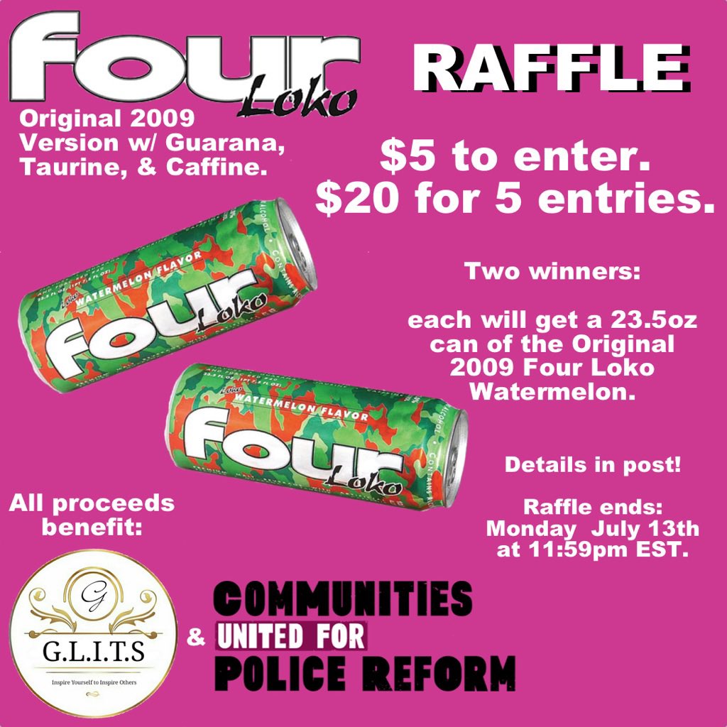 MeanOldTom's tweet photo. Charity Raffle to win Original 2009 caffeinated Four Loko. Benefits @GlitsInc &amp; @changethenypd Details here: https://t.co/AQrqJ62Djj. #fourloko #originalfourloko #prebanfourloko #BlackTransLivesMatter #DefundThePolice #investincommunities #PoliceReform #BlackLivesMattters https://t.co/DJmo4aysAA