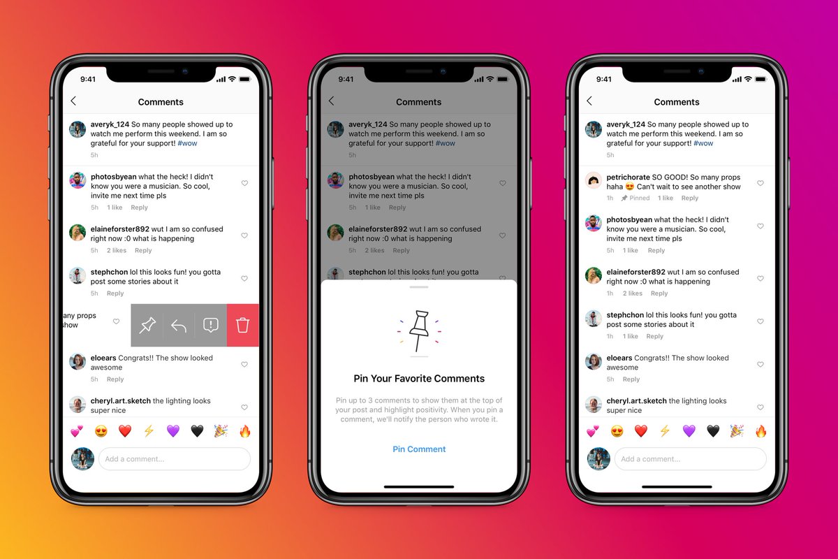 Today we’re rolling out pinned comments everywhere 📌

That means you can a pin a few comments to the top of your feed post. By highlighting positive comments, you can better manage the tone of the conversation. ❤️