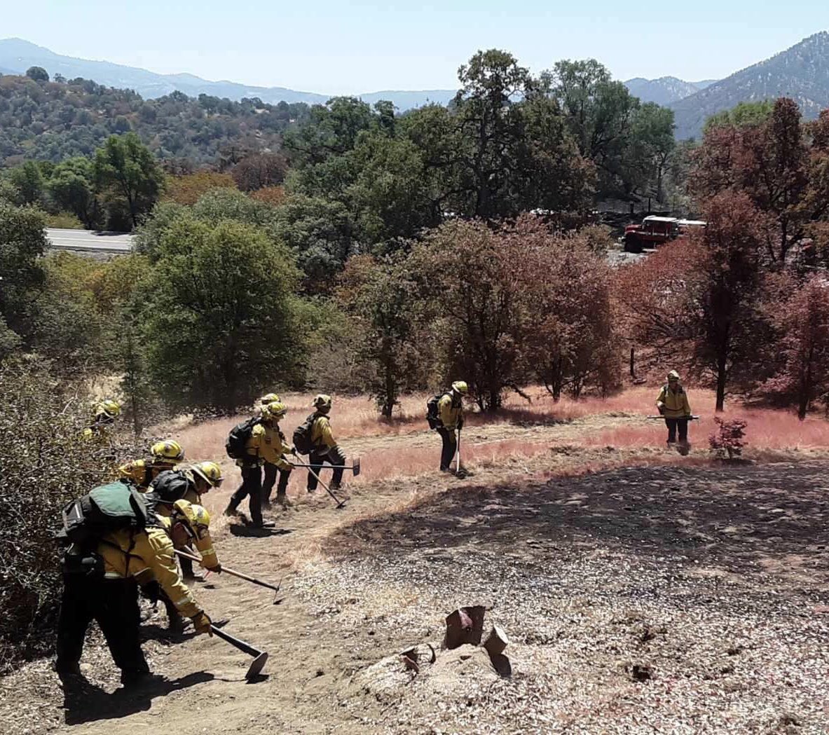 FresnoCoFire's tweet photo. #KingsFire [Update] Firefighters continue to gain ground - 67 acres and 80% contained. Pictured below: @CalGuard firefighters working to improve containment lines around the #KingsFire https://t.co/mLv26zvFyB