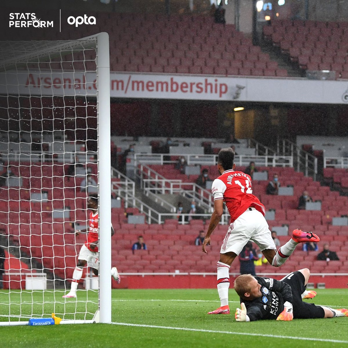 OptaJoe's tweet photo. 20 - @Aubameyang7 has become just the second ever @Arsenal player to score 20+ @premierleague goals in consecutive seasons, after @ThierryHenry (five in a row between 2001-02 and 2006-06). Heir. #ARSLEI https://t.co/Wt3vWygyn0