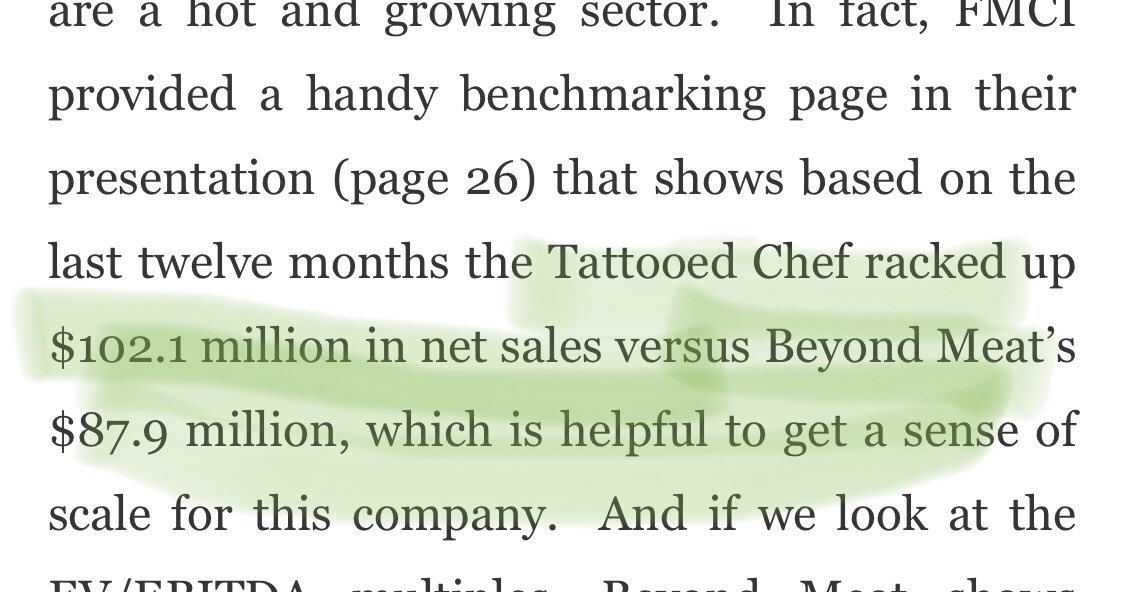 To follow up with  $FMCI, I want you guys to see why SPAC’s are so great. Image below shows that Tattoed Chef (currently known as  $FMCI until merger occurs) has $102mil net sales in past 12 months, vs  $BYND $87mil.  $BYND is trading @ $143/share,  $FMCI @ $15/share...