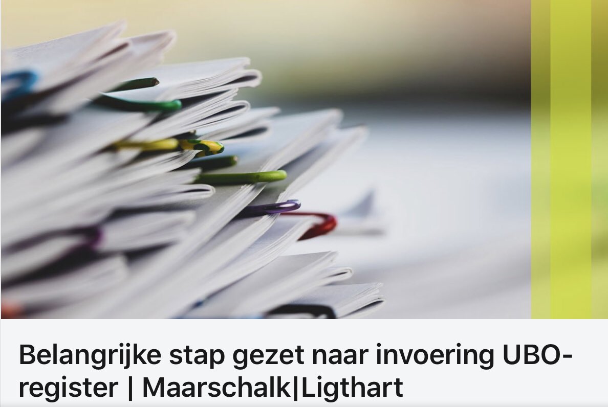 UBO-REGISTER || In Nederland wordt een register ingevoerd waarin de uiteindelijk belanghebbenden van bv. een BV, maar ook van een Stichting worden opgenomen. De Eerste Kamer heeft ingestemd met het wetsvoorstel dat invoering van het register regelt: lnkd.in/dYAyaQu