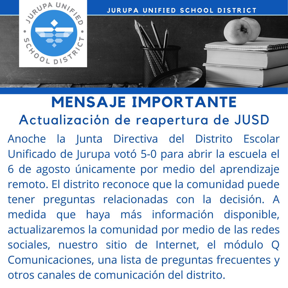 JurupaUSD's tweet photo. Last night the JUSD Board of Education voted 5-0 to open schools on August 6th in a Distance Learning only model.

Please visit https://t.co/MJnNRMWX9L for the latest updates.

#jusd #jusdshares #jurupaunified #jurupavalley #jurupaunifiedschooldistrict https://t.co/mIHHXAaz4T