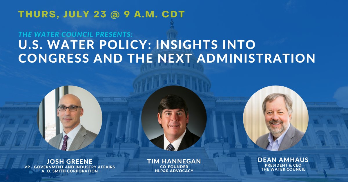 TheWaterCouncil's tweet photo. Join us Thursday, July 23 @ 9 a.m. to hear from U.S. federal water policy experts @JoshuaCGreene and Timothy Hannegan about where the Congressional water policy conversation is heading. Learn more and save your seat! https://t.co/as4MyFiIcy https://t.co/PDIA4cxIhD