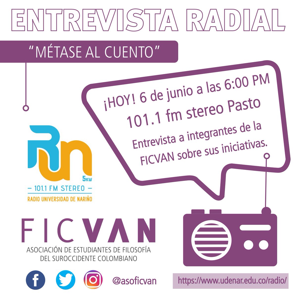 asoficvan's tweet photo. #FICVAN | #SabiasQue  La FICVAN participó en el programa "Métase al Cuento" de la Radio Universidad de Nariño 101.1 FM STEREO (Pasto). En este maravilloso programa se realizó una entrevista a sus integrantes sobre las iniciativas e historia de la FICVAN. FB/IG: @asofivan https://t.co/kkNX2amlsp