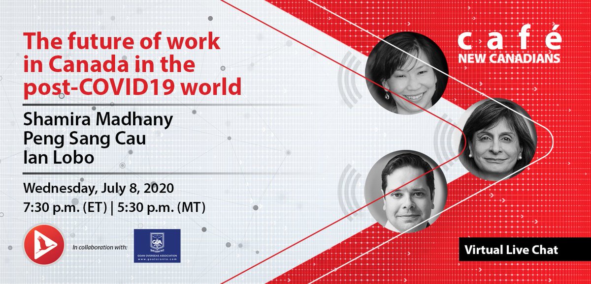 NewCdns's tweet photo. Join #CaféNewCanadians on Wednesday, July 8 as  @WESCanada's Shamira Madhany, @atsautomation's @PengSangCau and @AccentureCanada's Ian Lobo discuss the 'Future of work in #Canada in the post-#COVID19 world,' with host Darrell_Pinto! 

Join here: https://t.co/BPyq7s8clW https://t.co/Ax7Y4bmJi3