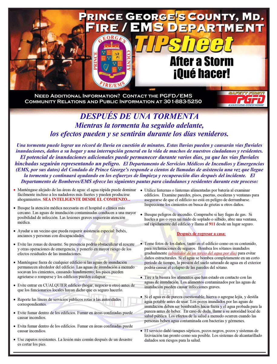 PGFDNews's tweet photo. With more than 30 storm related calls for service today alone and more bad weather expected, the #pgfd encourages you to review these safety tip sheets to help keep you and your family safe after a storm passes. https://t.co/vgvLxGiM3I