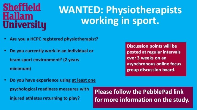 *Recruiting* physiotherapists’ working in sport for an asynchronous text-based focus group for my MSc dissertation - looking at perceptions and experience of psychological readiness measures used in return to sport.

For more information and to participate v3.pebblepad.co.uk/spa/#/public/y…