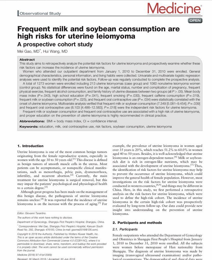 fibroidsupport's tweet photo. @WomensHealthPls 🇨🇳China Study of 1,273 Women: “Frequent milk or soybean consumption &amp; frequent oral contraceptive use are associated with a high risk of womb #fibroids“ aka #leiomyoma

More Research needed on prevention #Soy #Soya @MedicineLWW #SoMe4Obgyn @WomensHealthPls https://t.co/0Z1byXAofs https://t.co/2CeCQydRIU