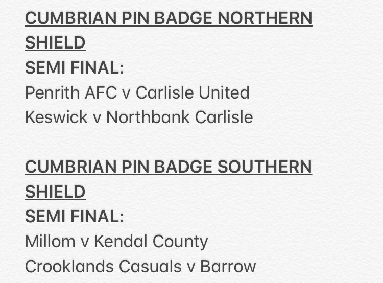 KyleDixon30's tweet photo. #CumbrianPinBadgeSouthernShield & #CumbrianPinBadgeNorthernShield Semi Final fixtures below which take place tomorrow night. https://t.co/xApAx6pNmv