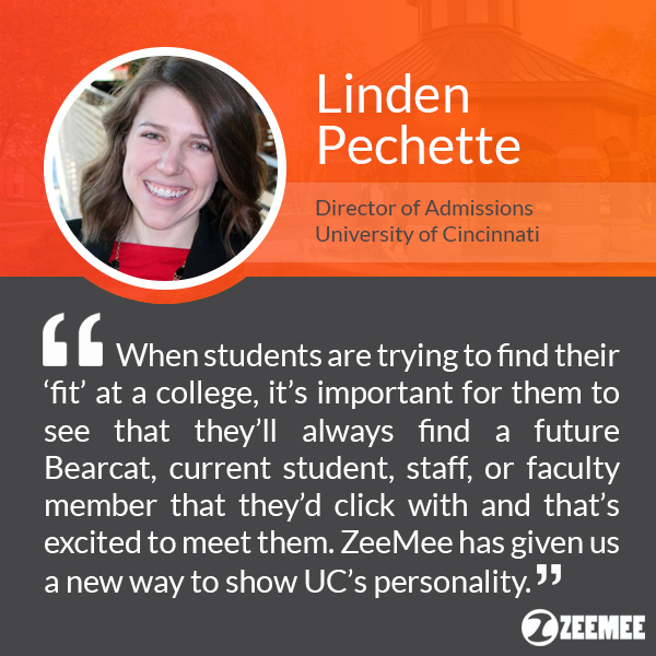 ZeeMeeApp's tweet photo. Shout out to @uofcincy Director of Admissions Linden Pechette! Her team has one of the most active student communities on ZeeMee! #EMChat #HESM https://t.co/laW5qXXGOI