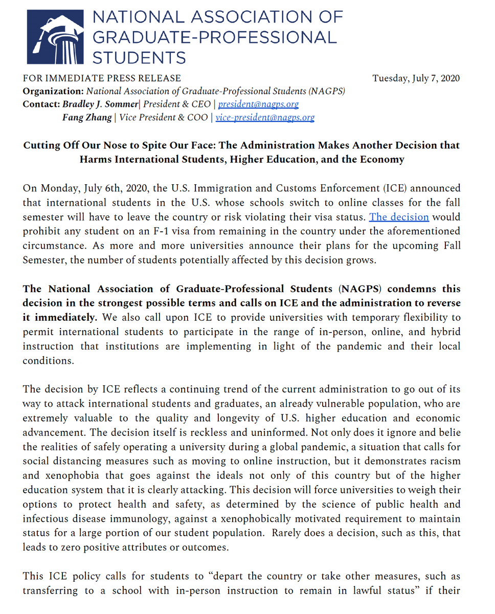 NAGPS's tweet photo. NAGPS condemns the #ICE international #StudentBan in the strongest possible terms and calls on ICE and the administration to reverse it immediately. See our full statement https://t.co/z6am5D4E3i @AAUniversities @CGSGradEd @NAFSA @ACEducation #GradsDo https://t.co/fDiKiqcOWD