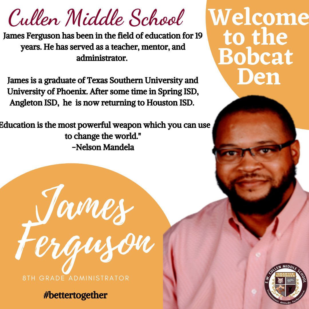 Cullen_Bobcats's tweet photo. Cullen MS would like to welcome James Ferguson as our new Dean and 8th grade administrator. Welcome to the A-TEAM 👍🏾 #Cullen #CullenMS https://t.co/Nb3AGuCqBz
