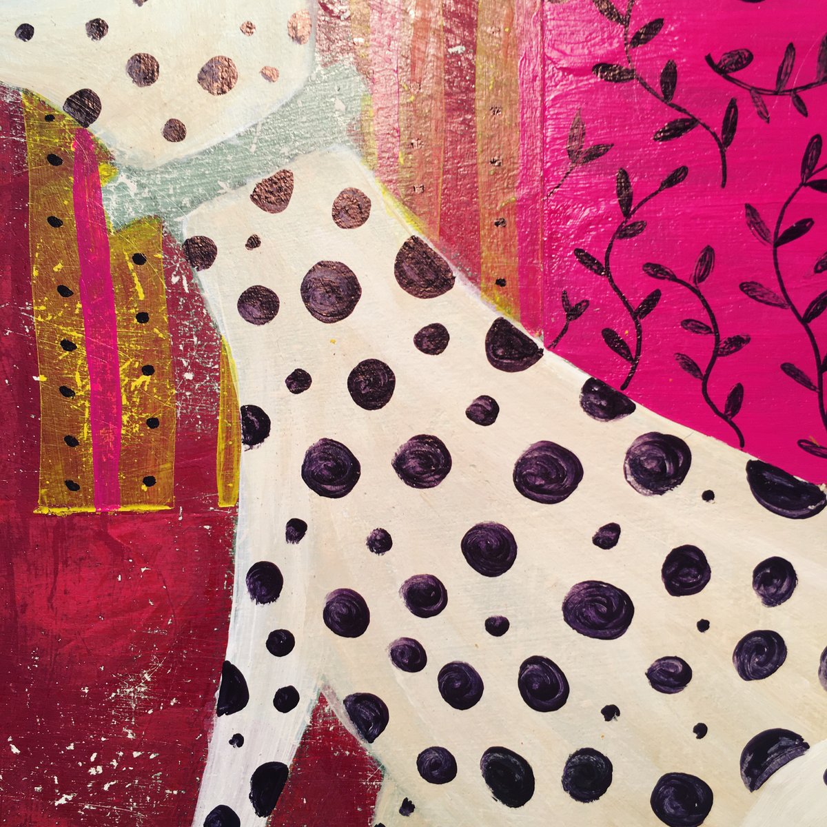 hesselberth's tweet photo. A tiny little snippet of a work-in-progress. This one is acrylic on board. No undo button when I’m working traditionally, but that’s kind of nice in its own way. #wip #illustration #ihavethisthingwithcolor #pitterpattern https://t.co/tUNsKdylsI