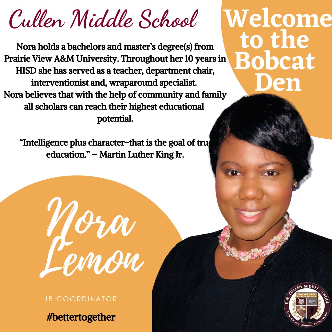 Cullen_Bobcats's tweet photo. Cullen MS would like to welcome Nora Lemon as our new IB Coordinator. Welcome to the A-TEAM 👍🏾 #Cullen #CullenMS https://t.co/8hJMwRs6kh